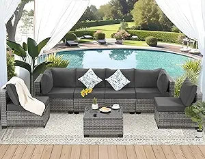 7-Piece Outdoor Patio Furniture Set: Wicker Sectional Sofa with Rattan Modular Conversation Area and Cushions