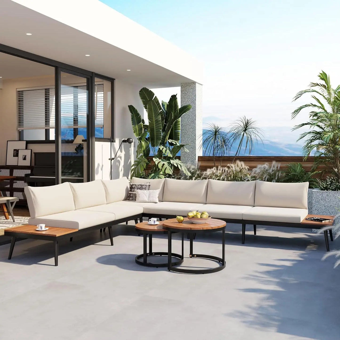 Modern Patio Furniture Set, 6-Piece Outdoor Sectional Sofa Set with Round Nesting Coffee Tables and Seating Sofa, Customized