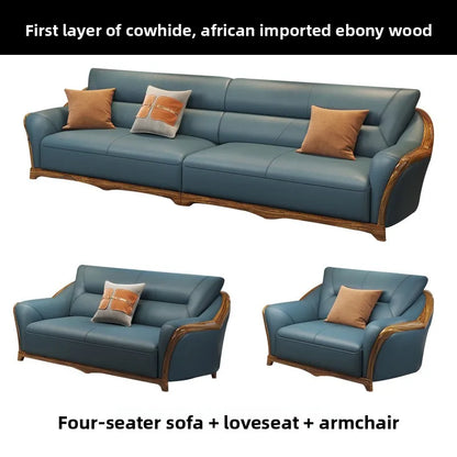 New Chinese style, ebony leather sofa combination, all solid wood
