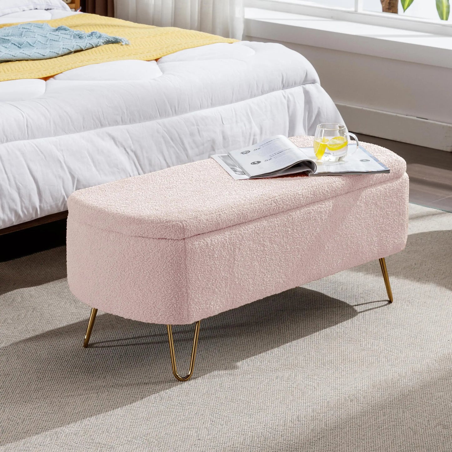 40" Boucle Sherpa Upholstered Ottoman Bench with Gold Legs - Storage for Bedroom End, Entryway, Living Room