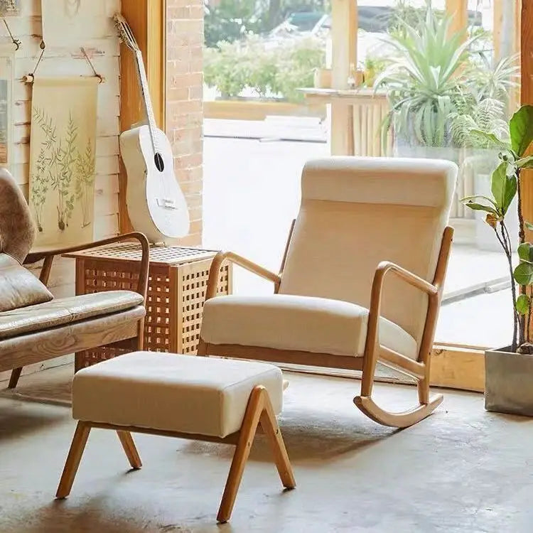 Wooden Rocking Chair Lounge Chair High Backrest Rocking Armchair Accent Chair with Lumber Pillow