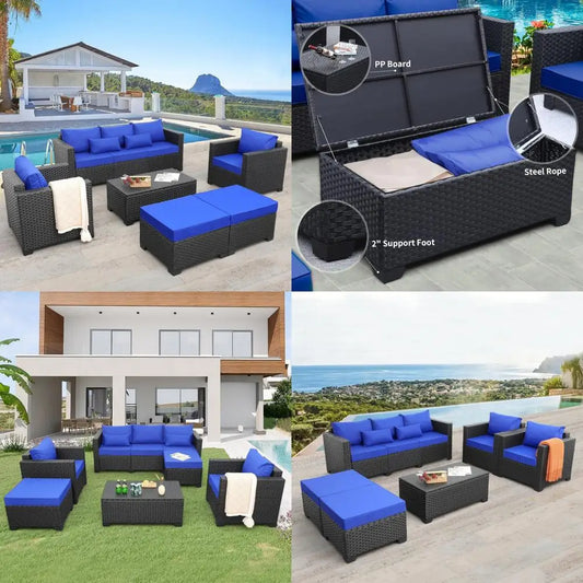 Outdoor Patio Wicker Furniture Set: 6-Piece PE Rattan Conversation Sectional Sofa with Royal Blue Cushions