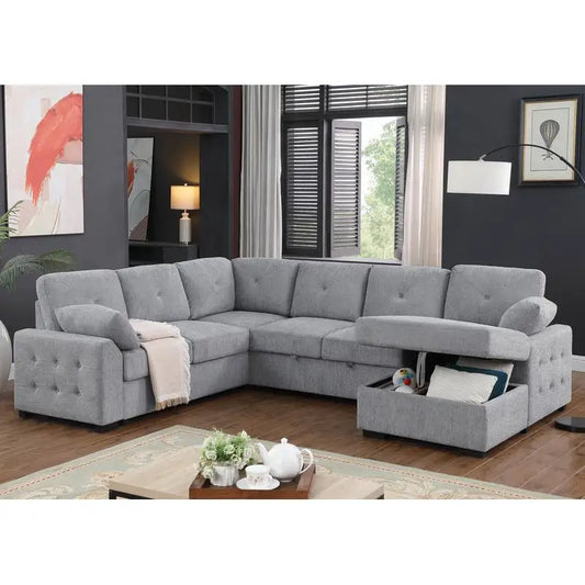 Upholstered Corner Sectional Sofa with Pull-out Loveseat and Storage Chaise