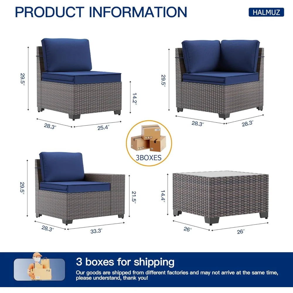 6-Piece Patio Furniture Set with Glass Top Tea Table, PE Rattan Wicker Conversation Set, Washable Cushions, Outdoor Patio