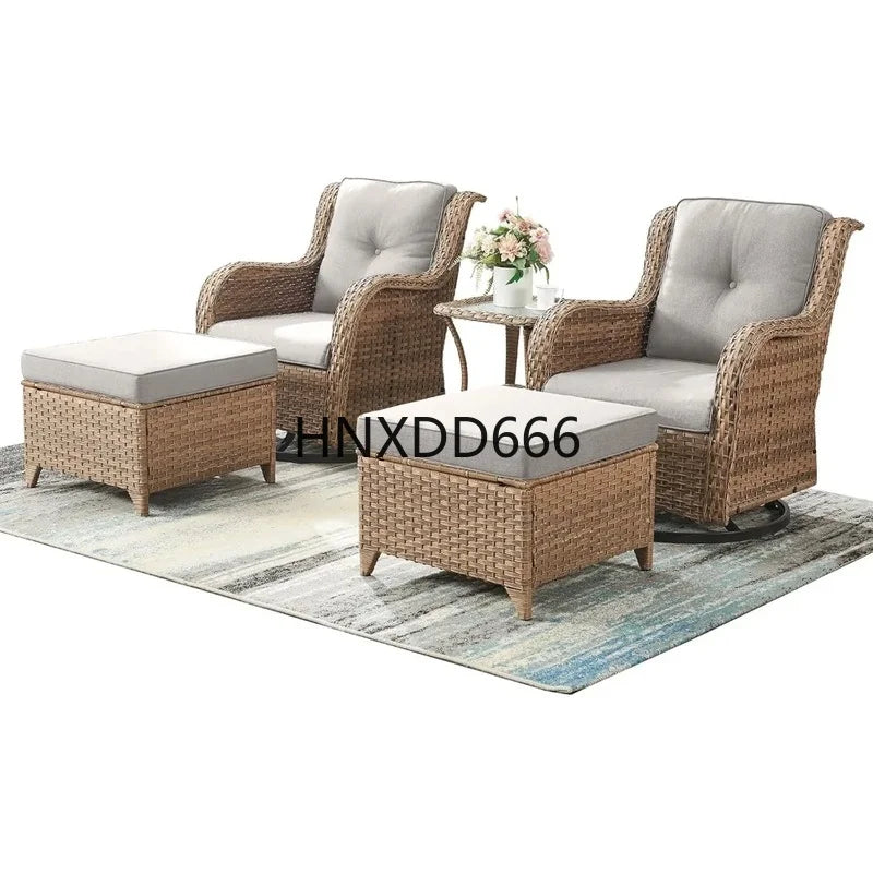 5-Piece Outdoor Rattan Conversation Set with 2 Rotating Rocking Chairs, 2 Foot Pads, and a Side Table