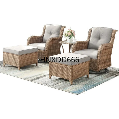 5-Piece Outdoor Rattan Conversation Set with 2 Rotating Rocking Chairs, 2 Foot Pads, and a Side Table