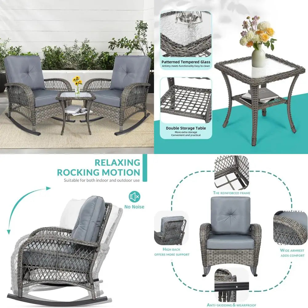Outdoor Wicker Rocking Chair Trio with Cushions and Glass Coffee Table Patio Set