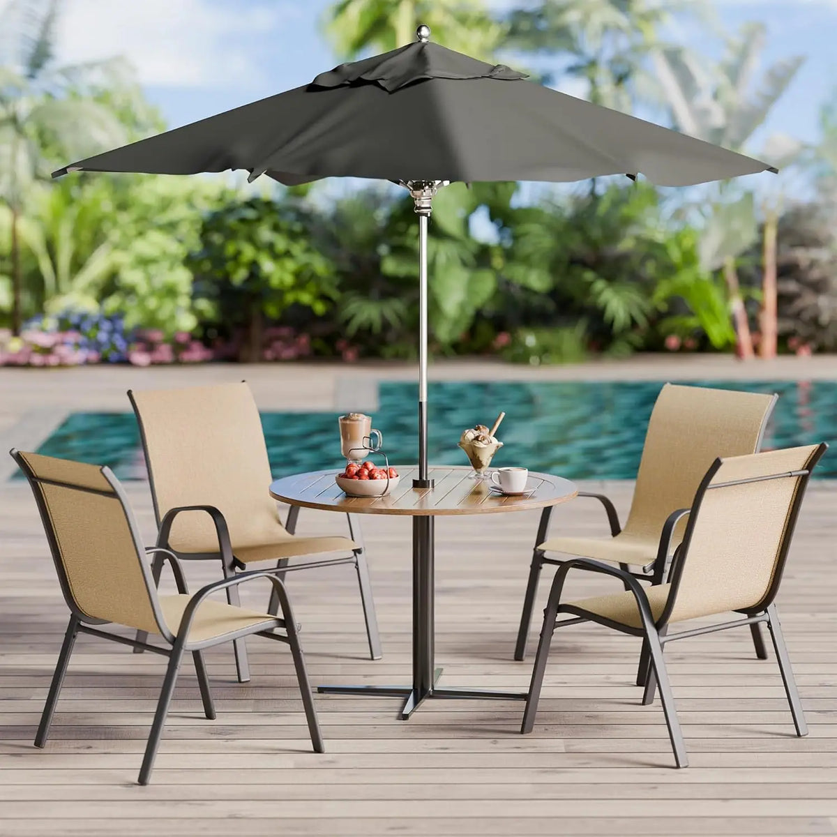 Patio Chairs Set of 4, Stackable Outdoor Dining Chairs Set with Breathable Seat Fabric, All-Weather Powder-Coated Metal