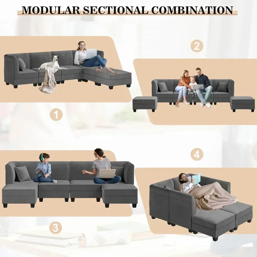 u-shaped velvet sectional sofa with reversible chaise for 6 people, 116