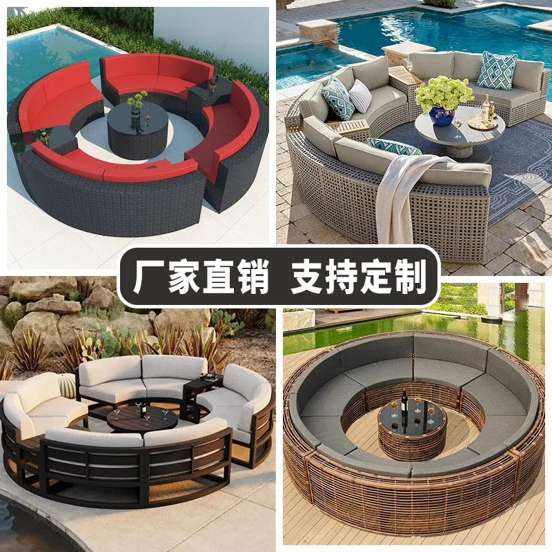 Rattan sofa combination courtyard garden leisure outdoor living room custom semi-circular arc rattan chair terrace outdoor