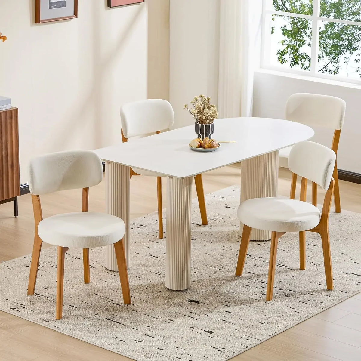Oak Wooden Dining Chairs Set of 4, Mid-Century Modern Linen Upholstered Kitchen Chair with Solid Wood