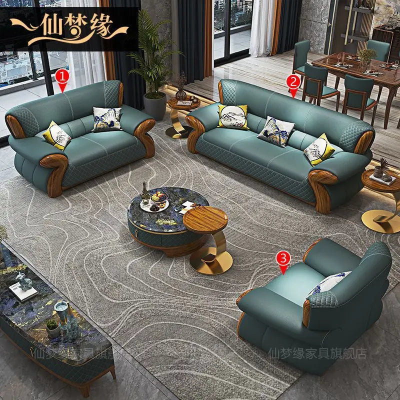 New leather sofa modern simple light luxury ebony solid wood new Chinese small apartment living room popular furniture