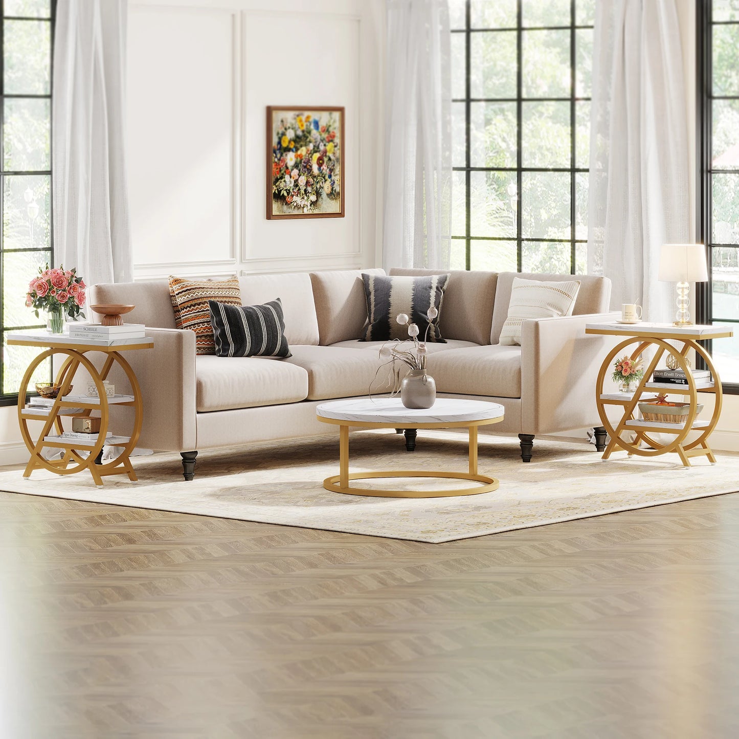 Tribesigns End Table for Living Room, 3-Tier Narrow Side Table with Storage, Wood Sofa Side Table with Geometric Metal Frame