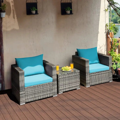 3Piece Patio Furniture Set, Outdoor Wicker Rattan Sofa with Cushions and Coffee Table, Conversation Chair Set for Poolside Back
