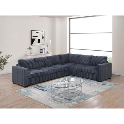 Elegant 4-Pc Sectional Set Dark Gray One Arm Loveseat Corner Wedge Armless Chair Corduroy Upholstered L-Shaped Plush Couch