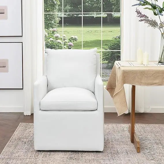 25" Wide Upholstered Dining Chairs with Casters, Modern Performance Fabric No Assembly Down Cushion Rolling Dining Armchair for