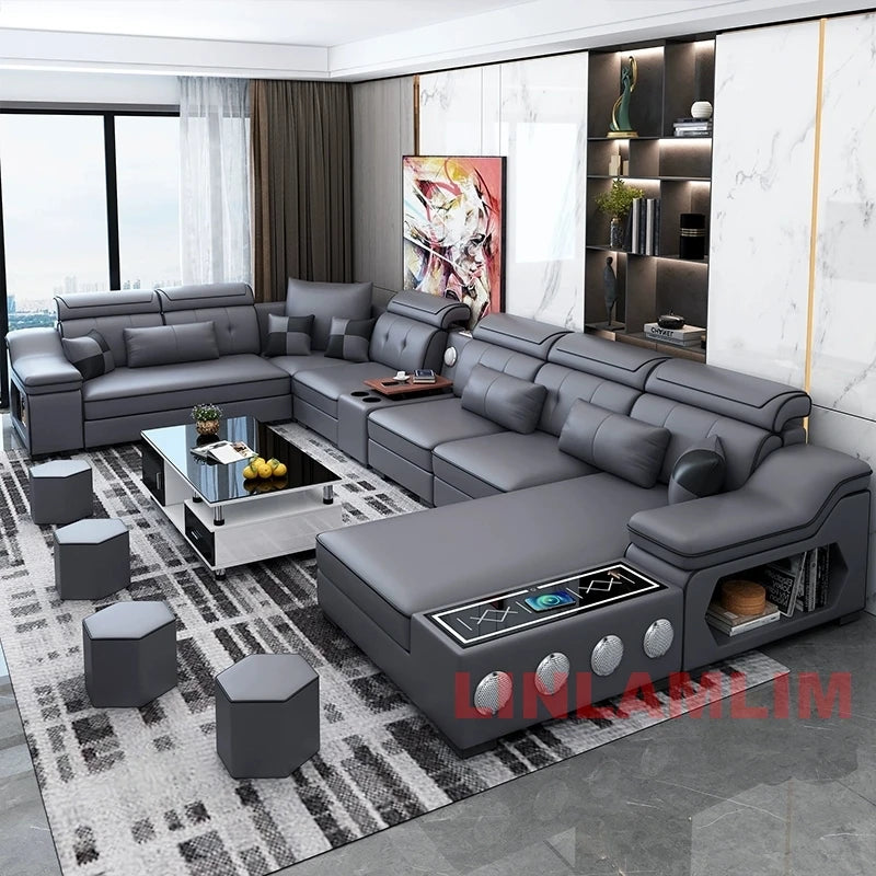 Modern Sectional Sofa with Chaise Lounge, Bluetooth Speakers and USB Ports