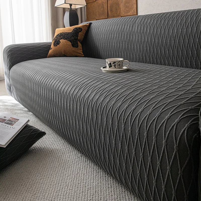 High-End Solid Stretch Sofa Cover Diamond Grid Jacquard Elastic Couch Slipcover Easy-Care Furniture Protector for Living Room