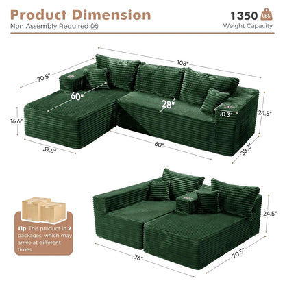 Oversized 108” Boneless Couch, Comfy Cloud Modular Sectional Sofa, L-Shape Sofa with Chaise, Memory Foam, Customized