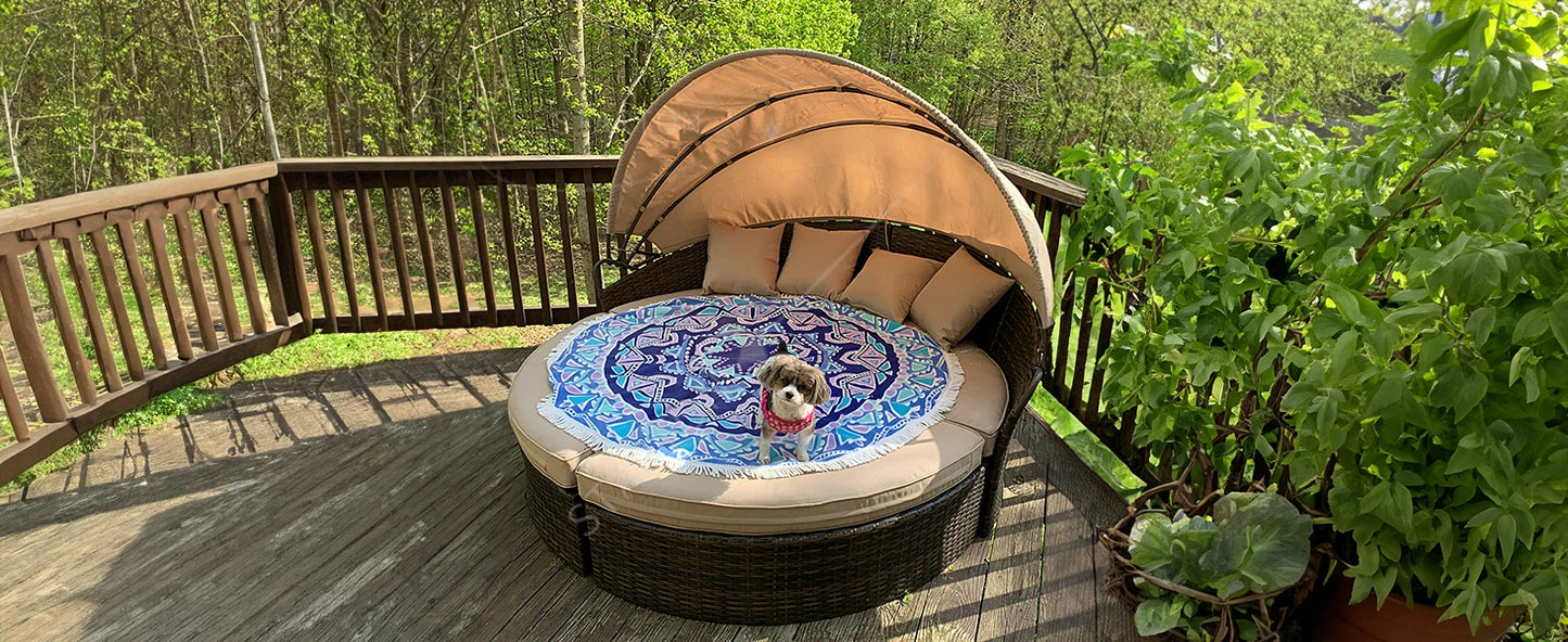 Terrace Circular Sofa Bed with  Canopy, Brown Wicker Furniture