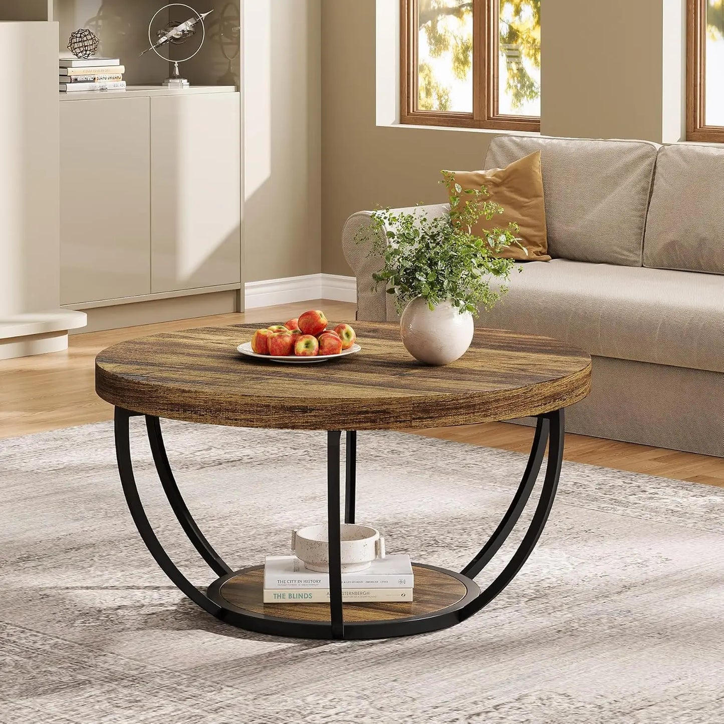 32" Circle Marble Coffee Tables, 2-Tier Golden Metal Legs Accent Center Table with Open Storage Modern Design Home Furniture