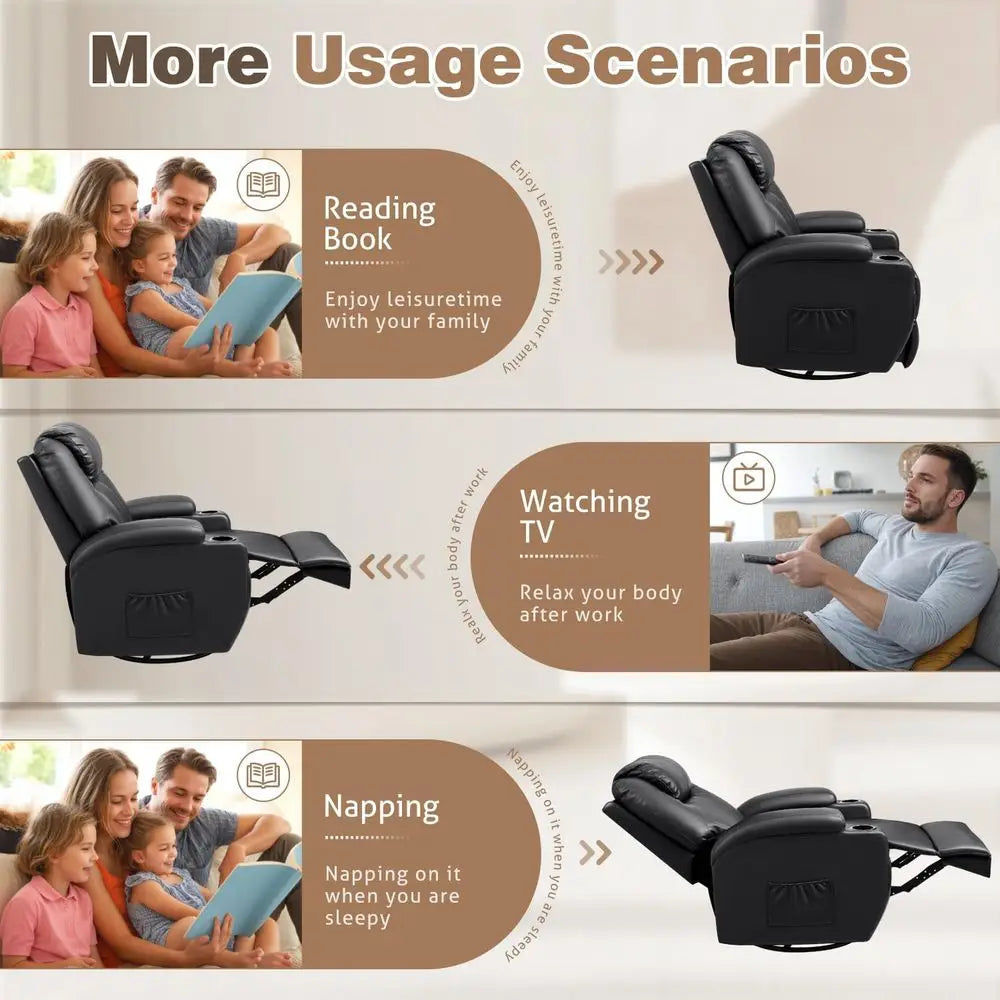 Chair, 360 Swivel Rocker Chair for Adults, Rocking Recliner Chair with Massage, Comfy Single Sofa with Side Pockets Cup Holders
