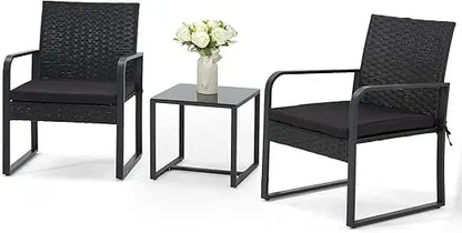Outdoor Patio Furniture Set, Patio Bistro Set Wicker Conversation Set, Modern Rattan Chair with Glass Coffee Table .