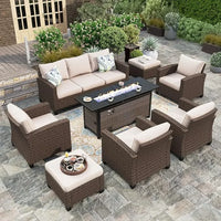 Garden Sofas, Furniture Set with Fire Pit Table, Outdoor Wicker Conversation Set, 3-Seat with 56" Fire Pit Table Garden Sofas