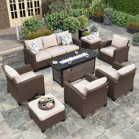 Garden Sofas, Furniture Set with Fire Pit Table, Outdoor Wicker Conversation Set, 3-Seat with 56" Fire Pit Table Garden Sofas