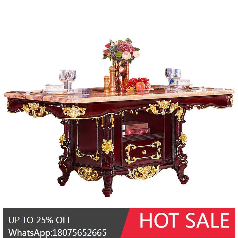 HLZ European Style Solid Wood Dining Table with Marble Top for Home Use, Villa Large Dining Table and Chair Set
