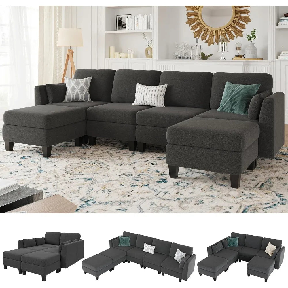 Modular Sectional Sofa, 6 Seaters Modular Sleeper Sofa Couch, Comfy Sectionals Couches Bed, Convertible Sofas with Ottomans