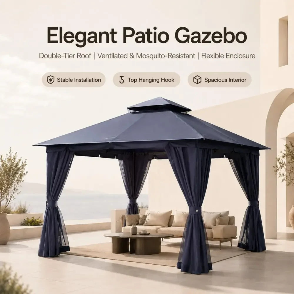 10x13 Outdoor Gazebo, Heavy Duty Metal Patio Canopy Tent Shelter with Double Roof, Mosquito Netting amp Privacy Curtains for Ba