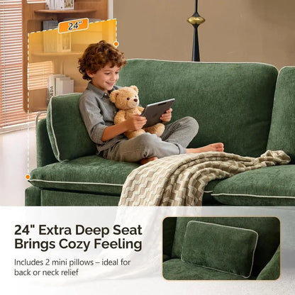 Extra Deep Seat 3-Seater Sofa with Piped Cushions and Throw Pillows, Linen Velvet Fabric for Living Room, Bedroom, or Office