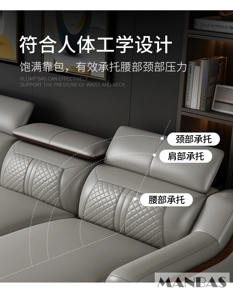 Stylish Italian Genuine Leather Sofa for Living Room with Cup Holder, USB, Adjustable Headrests & Bluetooth Speaker - Linlamlim