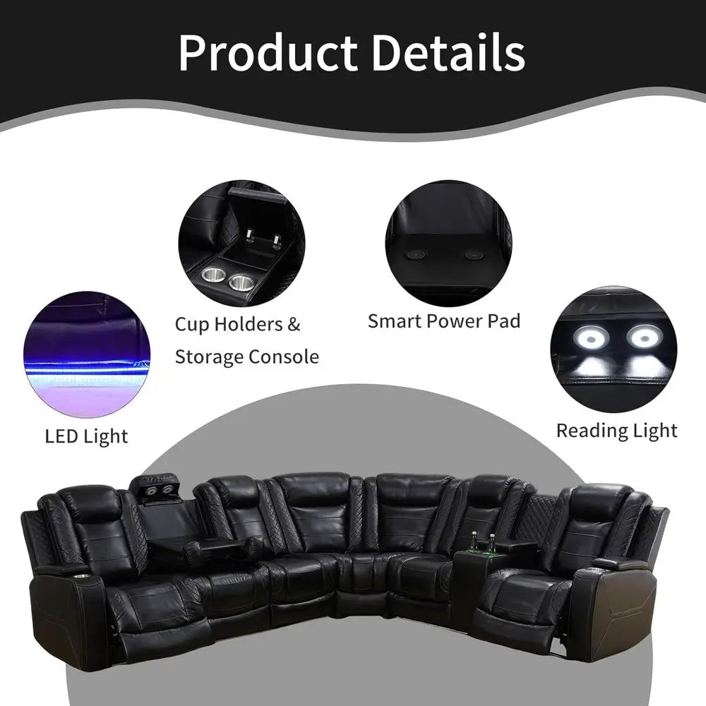 Power Reclining Sectional Soa or Living Room,ern L-Shaped Black Air Leather Sectional Couch Set,Recliner Soa Set,with LED Lights