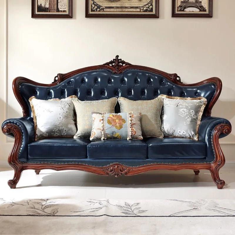 American all-solid wood leather sofa combination living room furniture large apartment European style