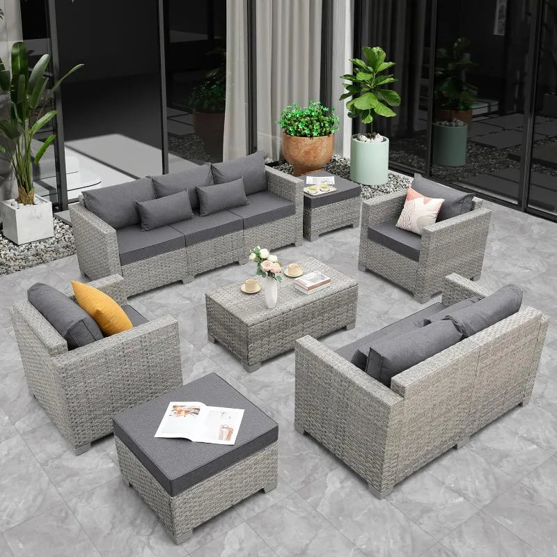 Patio Furniture Set Gray Rattan 7 Pieces Outdoor Sectional Sofa PE Wicker Conversation Chairs with Storage Table and Non-