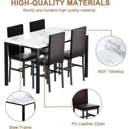 DKLGG Dining Table Set for 4, Modern Kitchen & Dining Room Sets Faux Marble Table with 4 Leather Chairs for Small Space, Home Ki