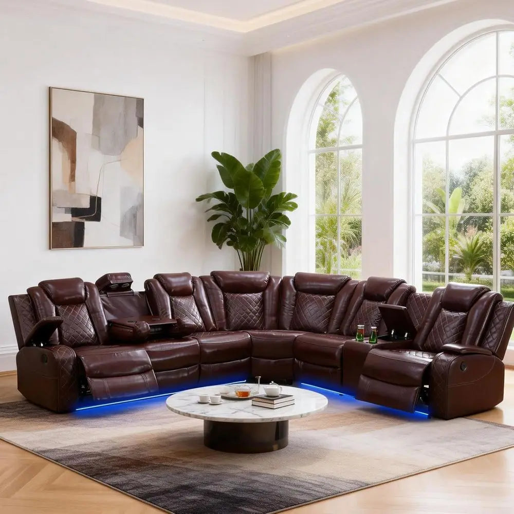 Power Reclining Sectional Soa, Leather Reclining Couch, ern Living Room urniture Set with LED Lights, Cup Holders & Storage ole,