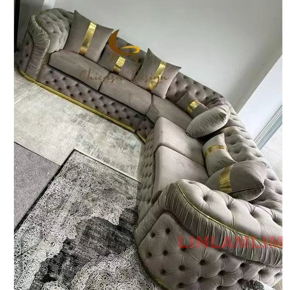 A Luxury Chesterfield Sectional Sofa Set With Cloth Buttons And Fabric Modular Couch With Gold Stainless Steel Base, 3-seater So
