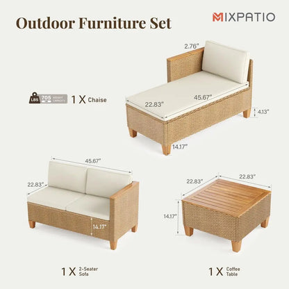 Wicker Outdoor Patio Furniture Set 3 Pieces Patio Chaise Longue Conversation Set, Rattan LShaped Sofa Couch with Acacia Wood Co