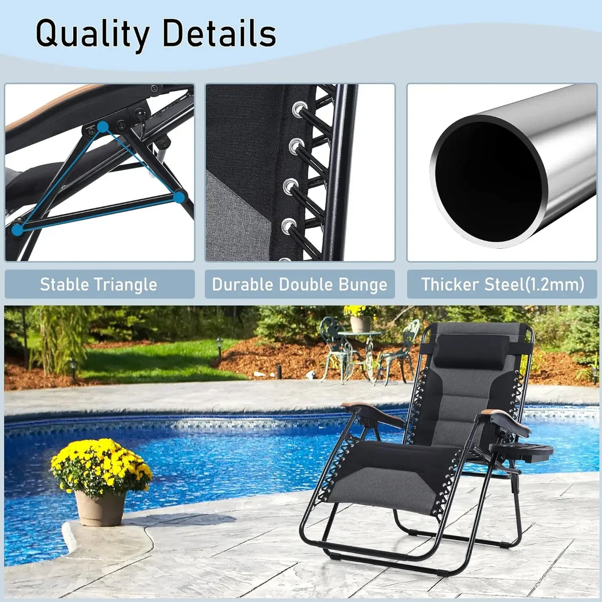 Foldable Patio Recliner, Oversized Padded Zero Gravity Chair, 30