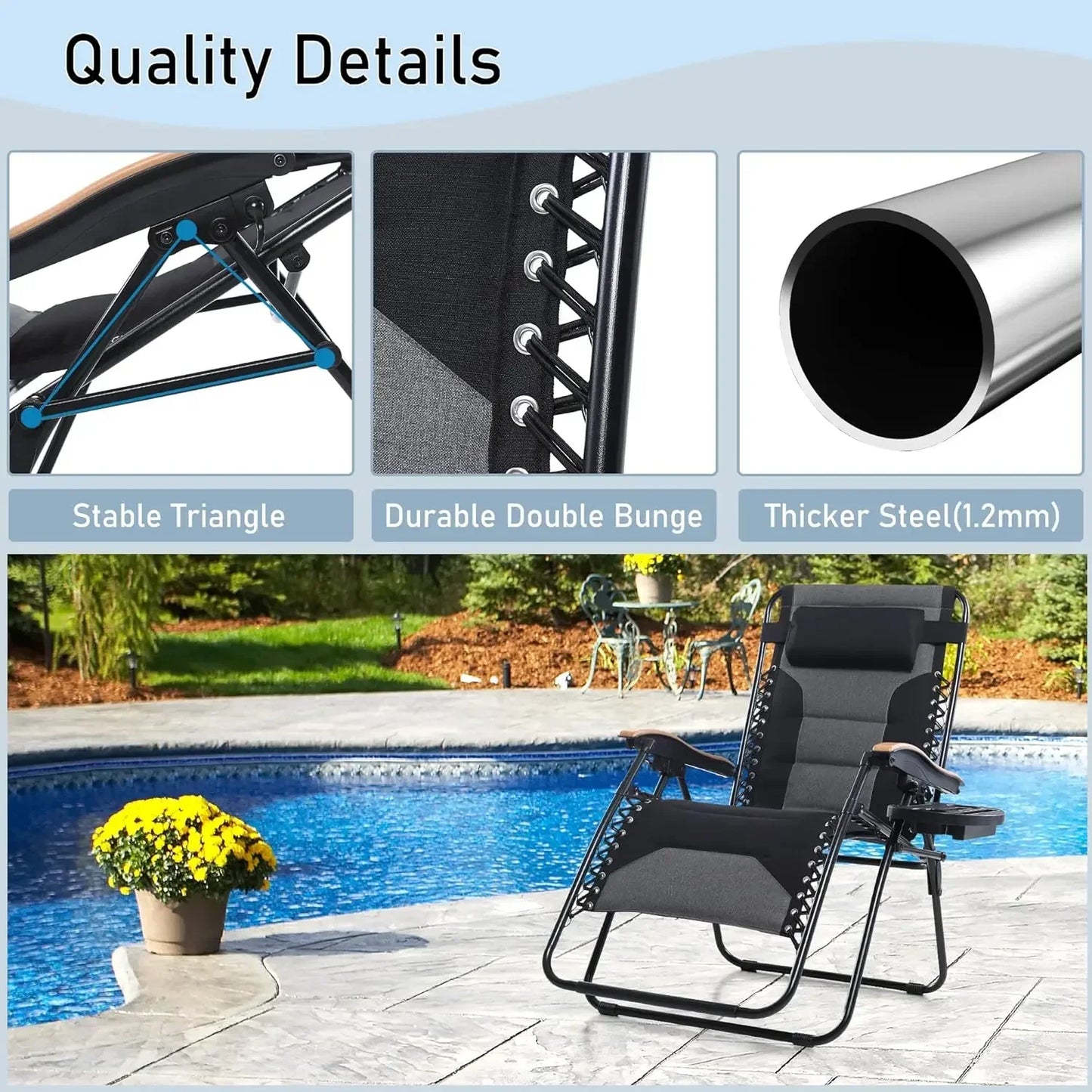 Foldable Patio Recliner, Oversized Padded Zero Gravity Chair, 30" Wide Seat Anti Gravity Lounger