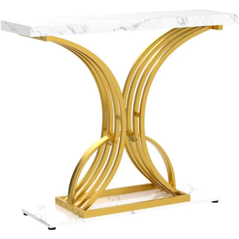 Gold Console Table,40 inch Entryway Tables Narrow Sofa Table for Living Room, Hallway, Faux Marble White
