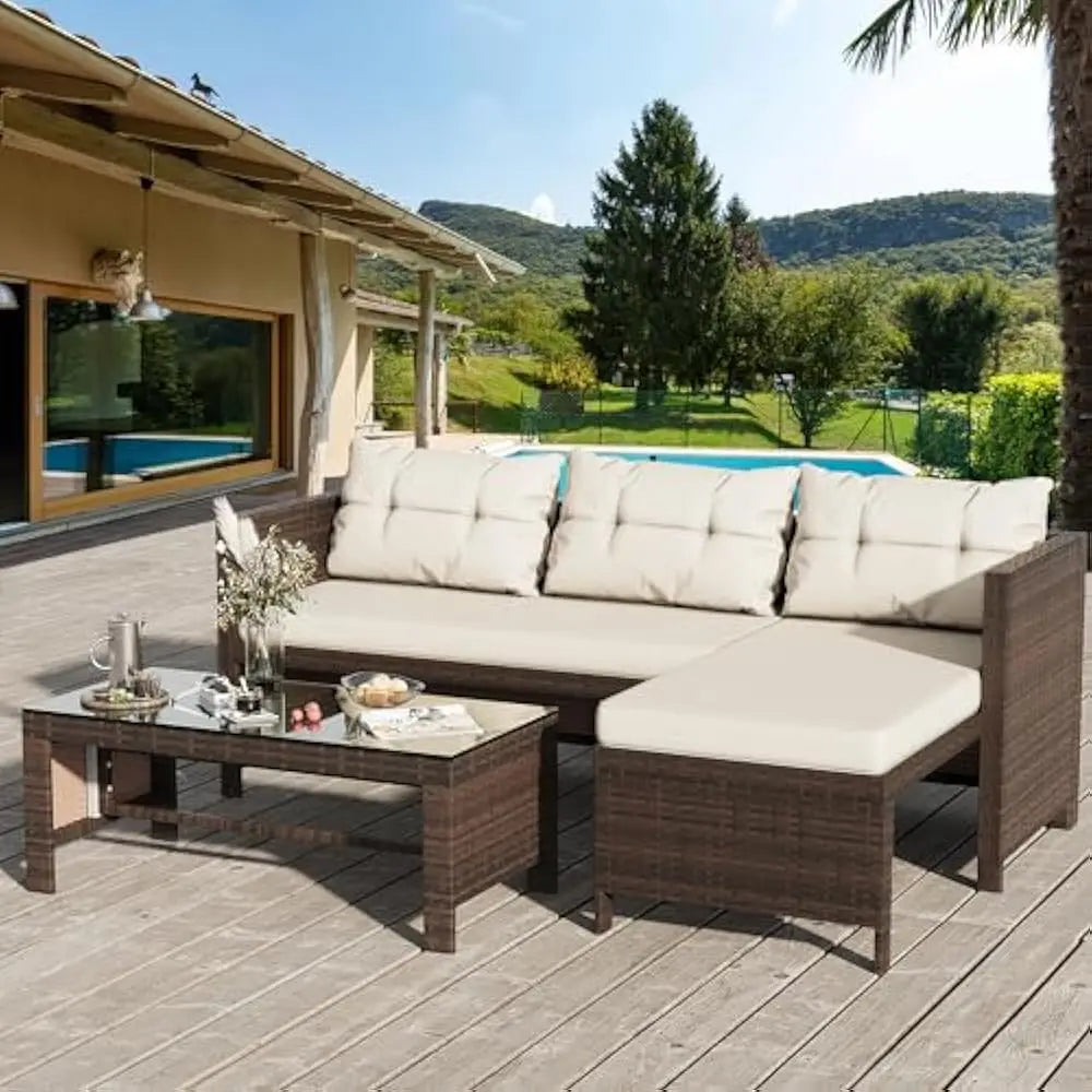 3-Piece Outdoor Patio Furniture Set, Wicker Patio sectional Sets, Rattan Patio Seating Sofas w/Glass Coffee Table and Cushion