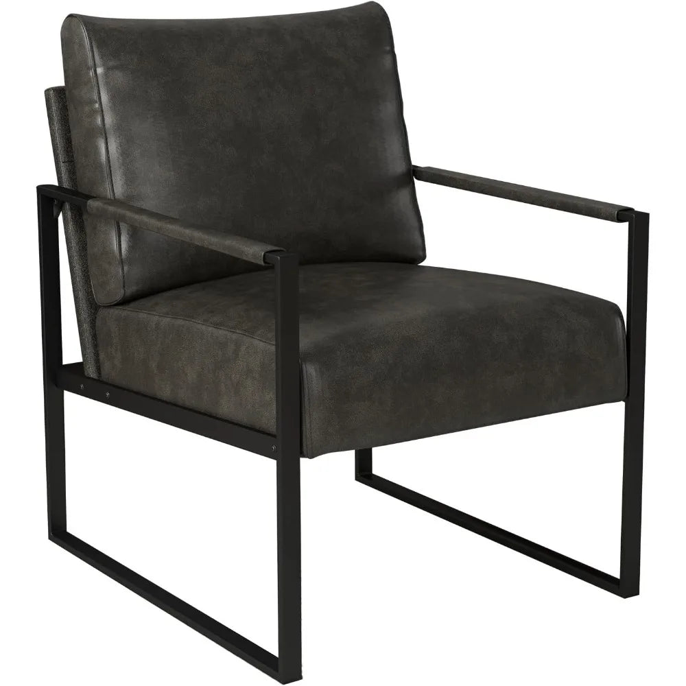 Leather Accent Chair with Metal Frame, Comfy Living Room Chair with Plump Backrest and Cushion, Mid Century Modern Chair