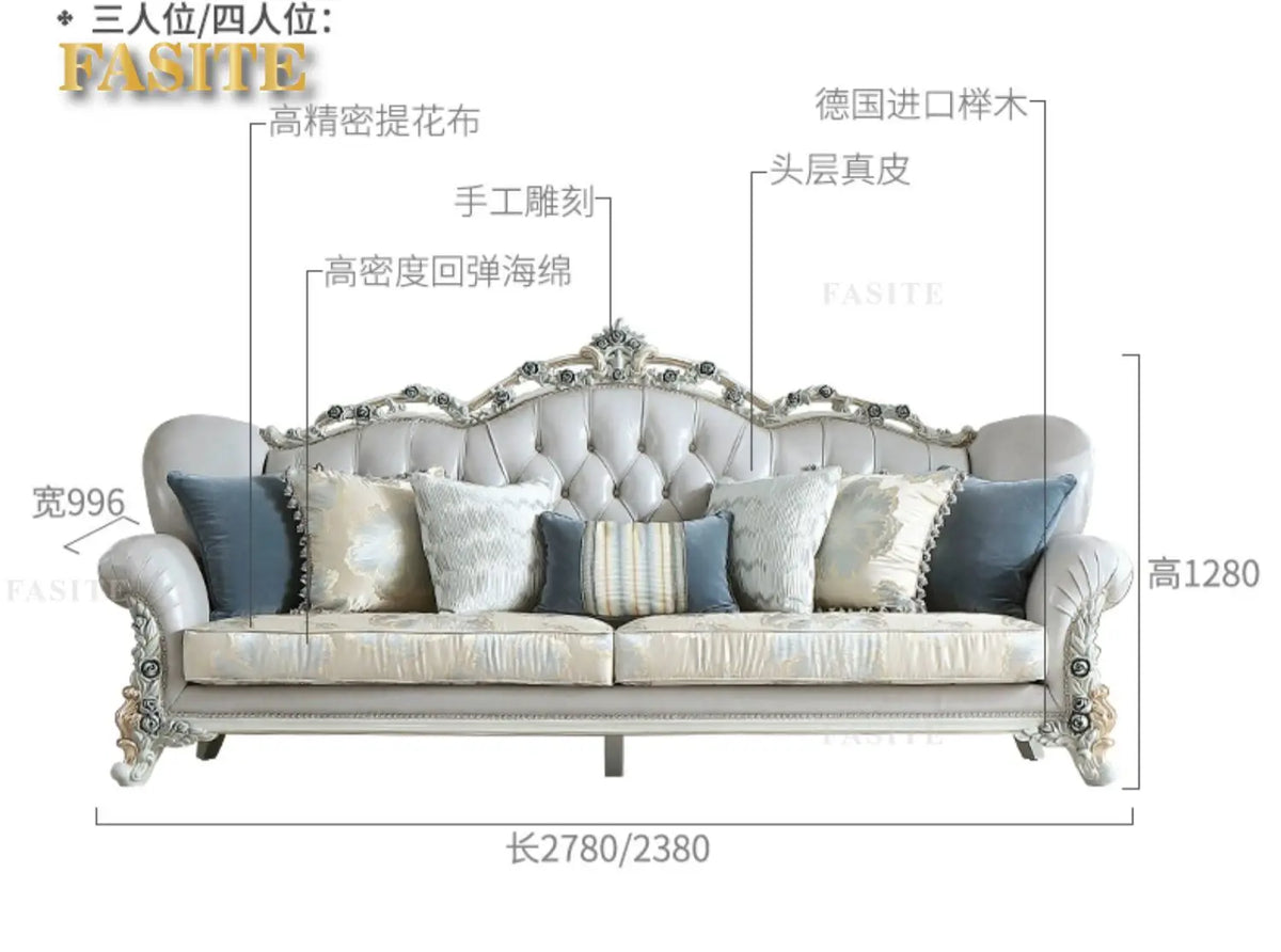 French light luxury living room large apartment first layer cowhide European solid wood carving flower three sofa combination