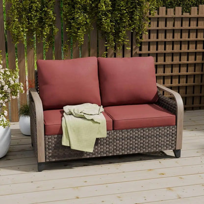 2 Seat Outdoor Sofa with Cushions, Patio Garden Furniture, Deck Backyard, 500 lbs Capacity, Brown/Red
