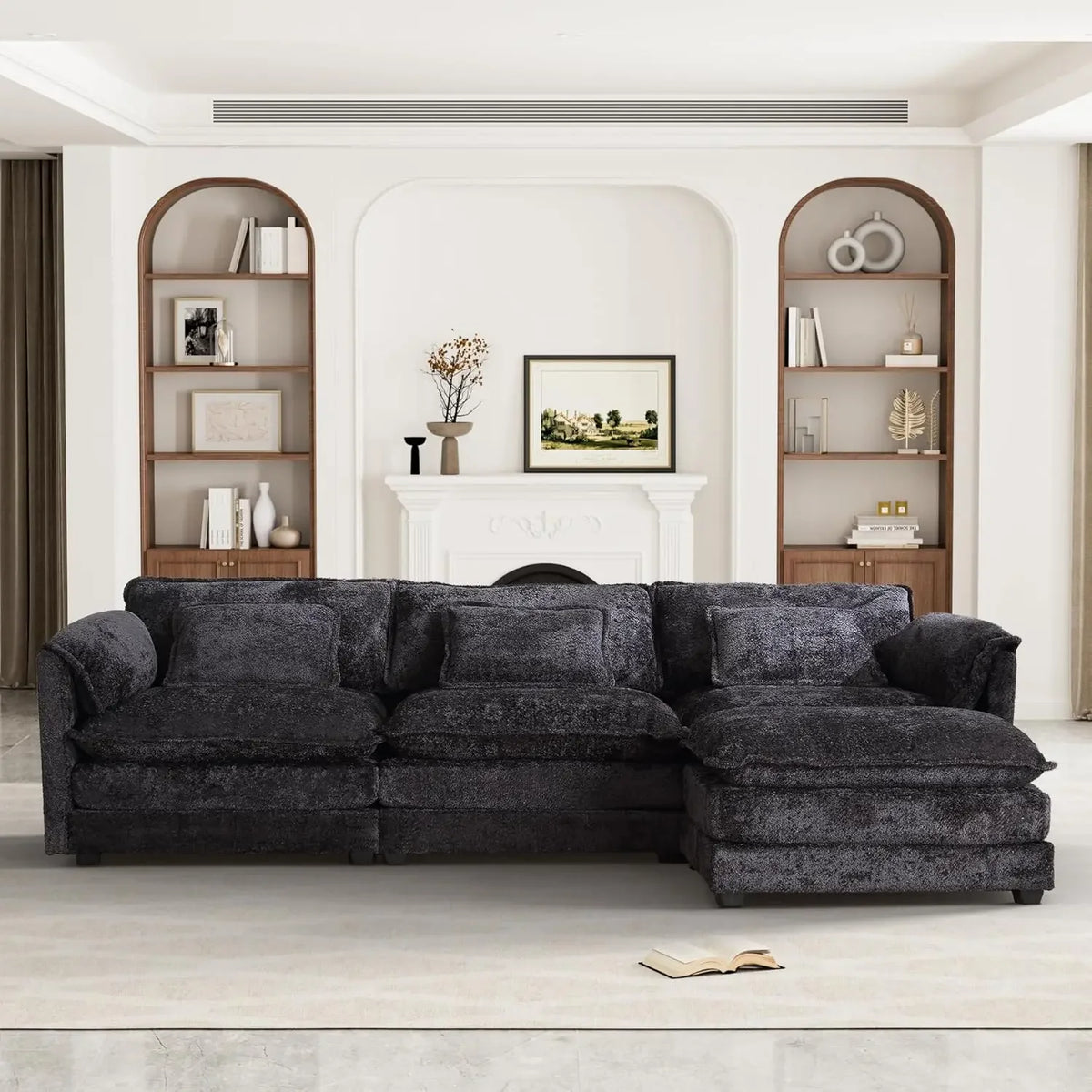 Cloud Sofa two Seats, for Apartment, Comfy Double Layer Upholstered Seat Cushion, Breathable Chenille Fabric, Black