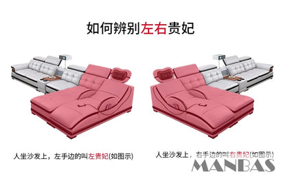 Linlamlim Luxury Genuine Leather Sectional Sofa with Adjustable Headrests, Projector, Speaker and Storage for Living Room Couch